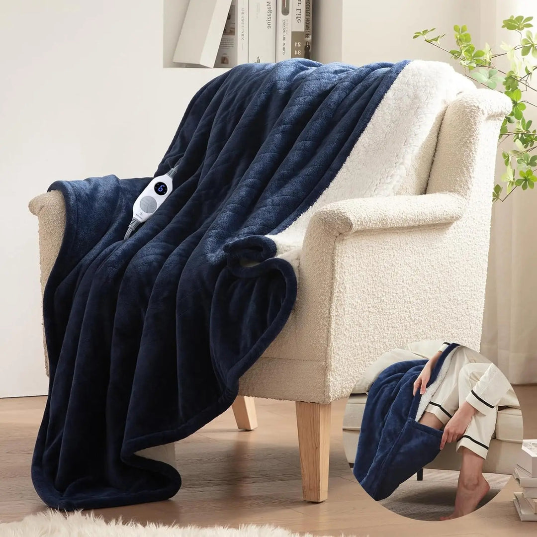 Grey wearable heated blanket with sleeves