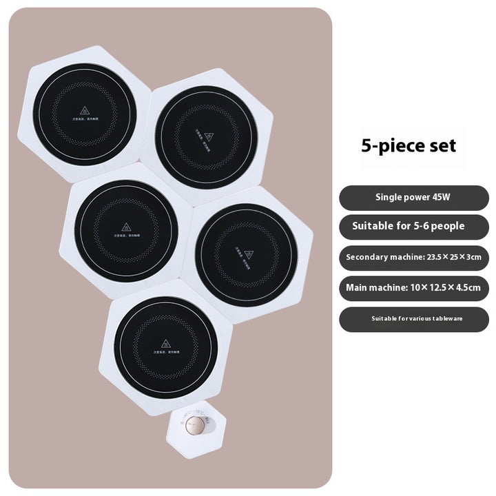White hexagonal warming plates with dishes on top