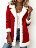 Woman in red coat with white faux-fur trim