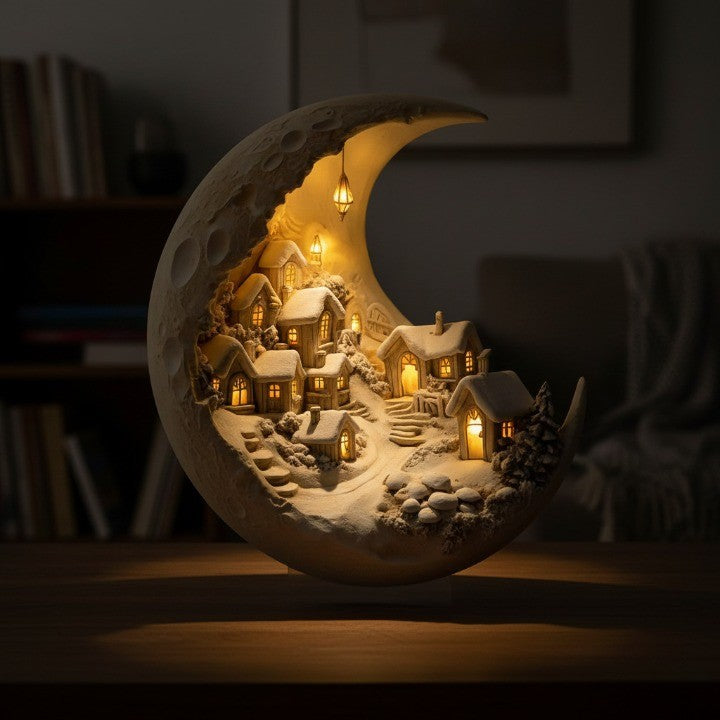 Glowing Crescent Moon Winter Village Ornament in Clear Acrylic