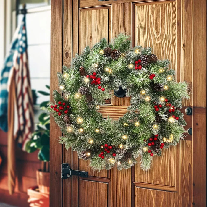 Harwelton Lighted Christmas Wreath with Timer and Red Berries