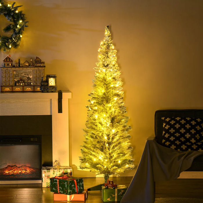 Harwelton Snowy Pre-Lit Pencil Christmas Tree, 5ft with Lights