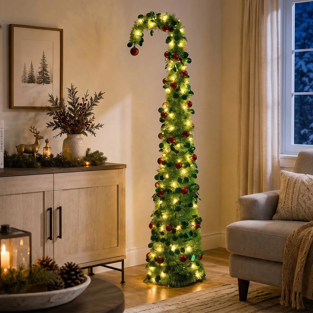 Green pop-up Christmas tree with red baubles