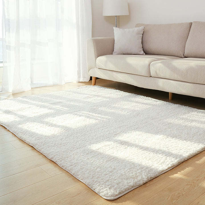 Fluffy beige shaggy rug in living room