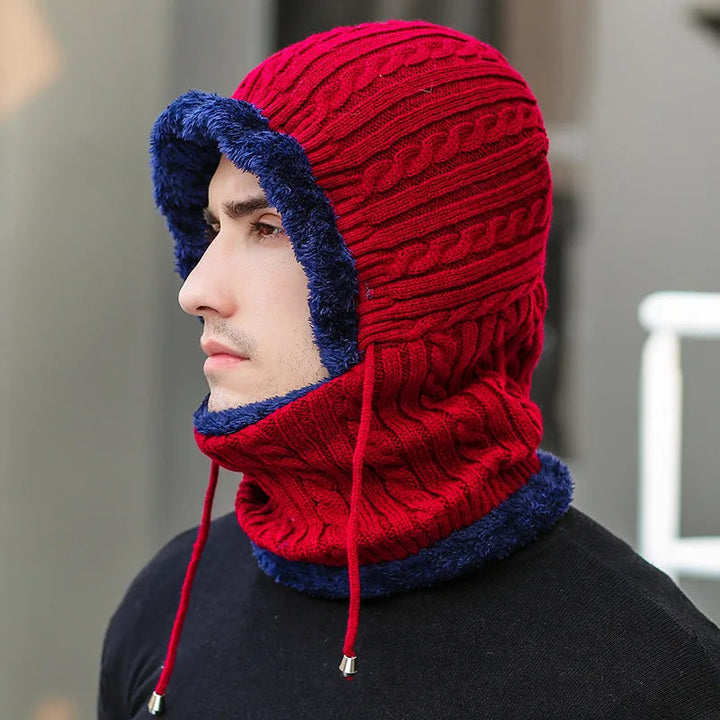 Knitted Balaclava Hat with Built-In Scarf and Fleece Lining