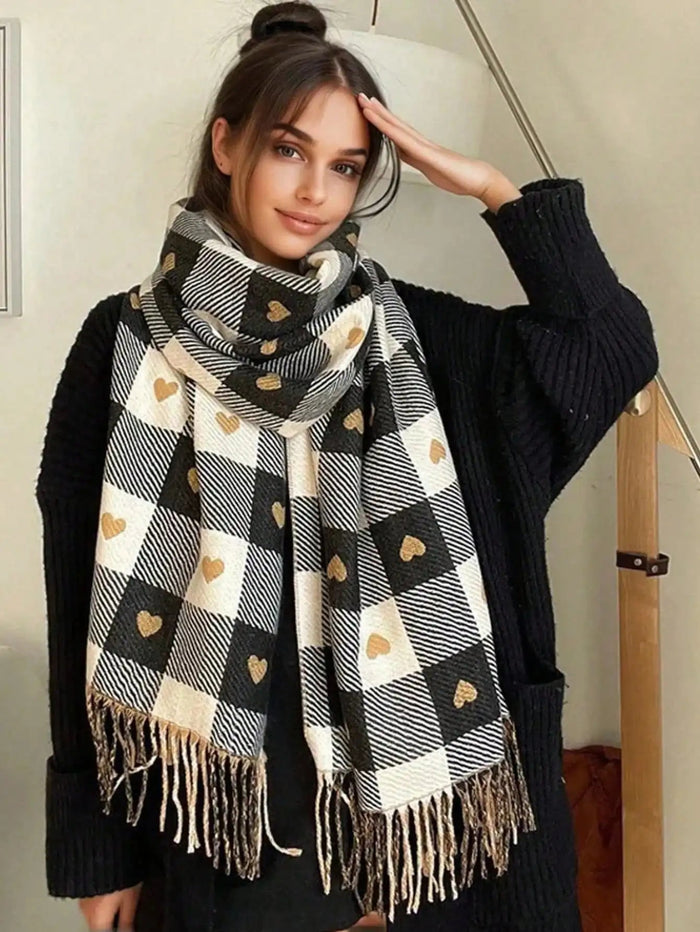 Harwelton™ Checked Heart Pattern Winter Scarf – Soft Shawl Wrap
