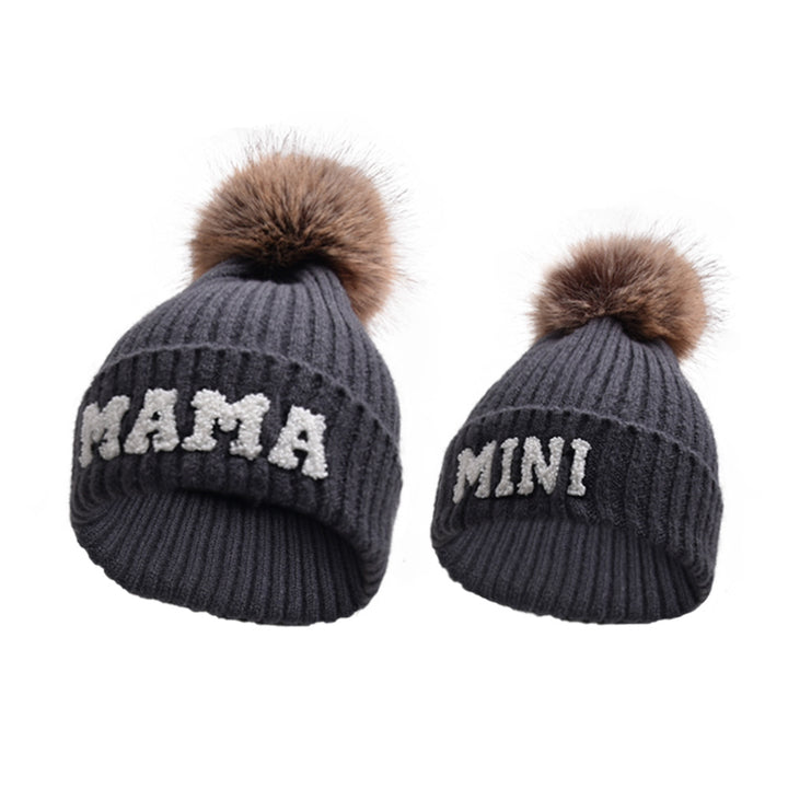 Pink MAMA and MINI beanies with pompoms
