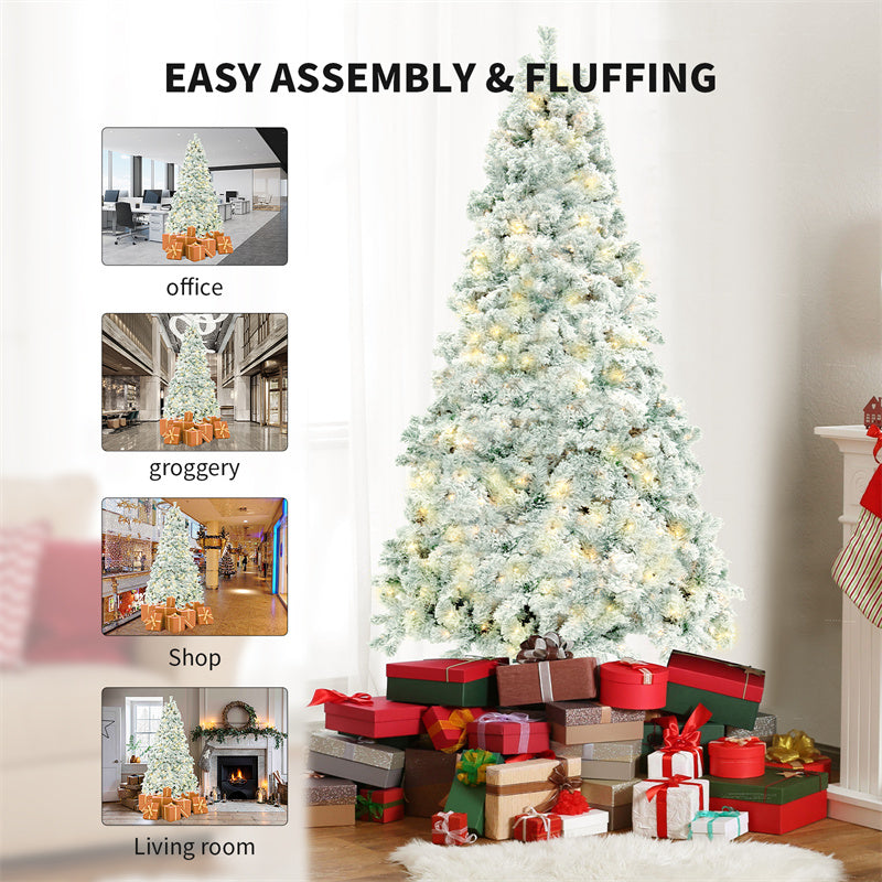 Snow-flocked Christmas tree with warm-white lights