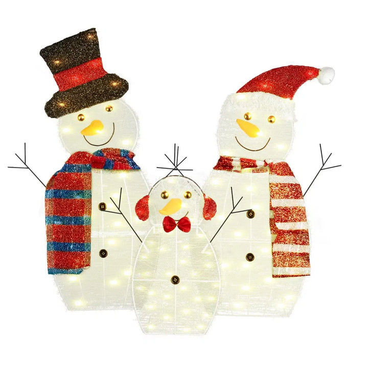 Three plush light-up snowman figures