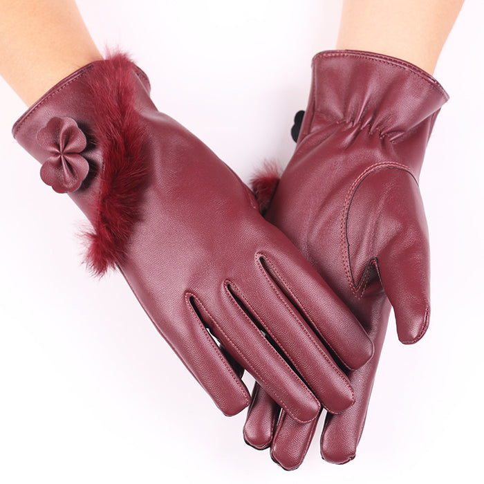 Harwelton Faux Leather Gloves with Fluffy Cuff and Bow
