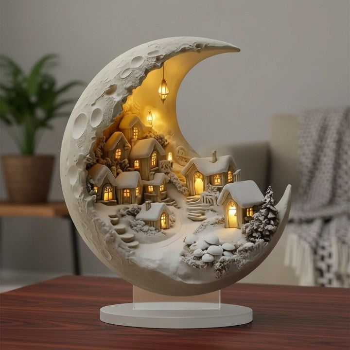 Glowing Crescent Moon Winter Village Ornament in Clear Acrylic