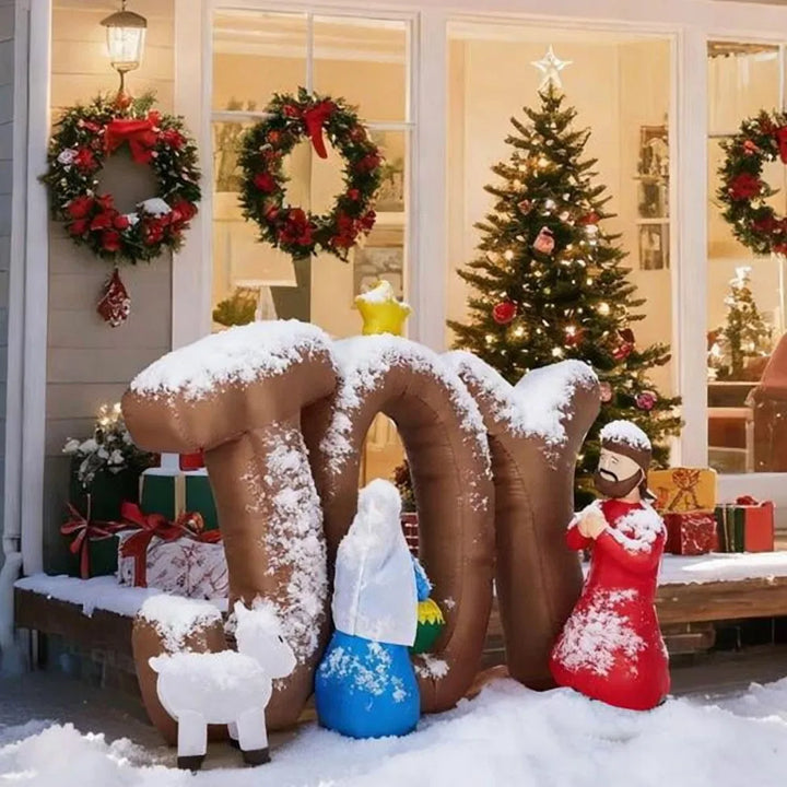 Inflatable nativity scene with JOY letters