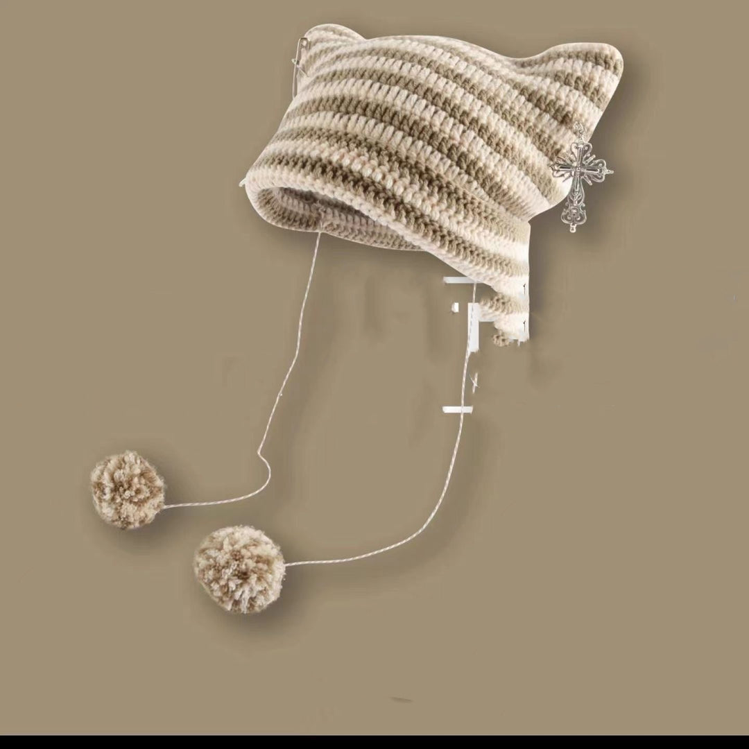 Striped cat ear beanie with pompom ties
