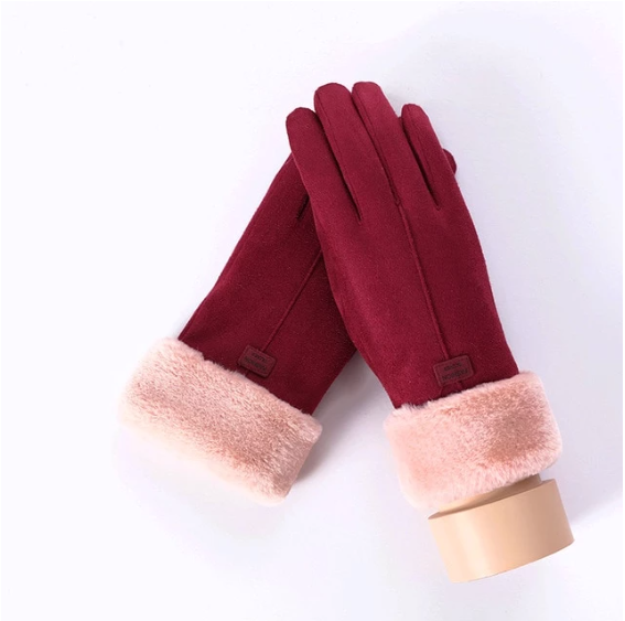 Grey suede look gloves with bear face cuff