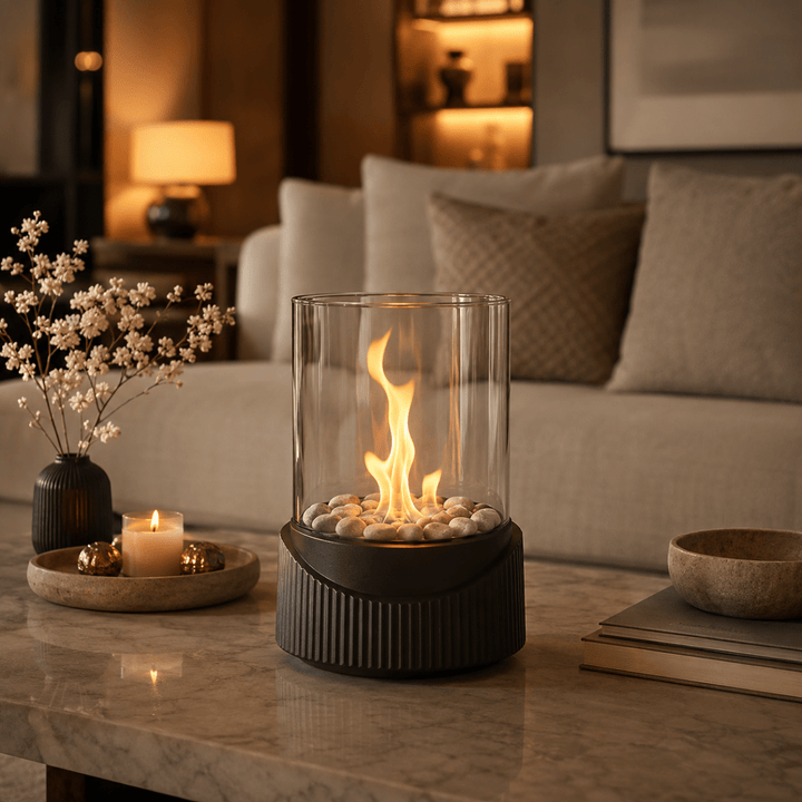 Tabletop Bioethanol Fireplace with Real Flames and Glass Panels