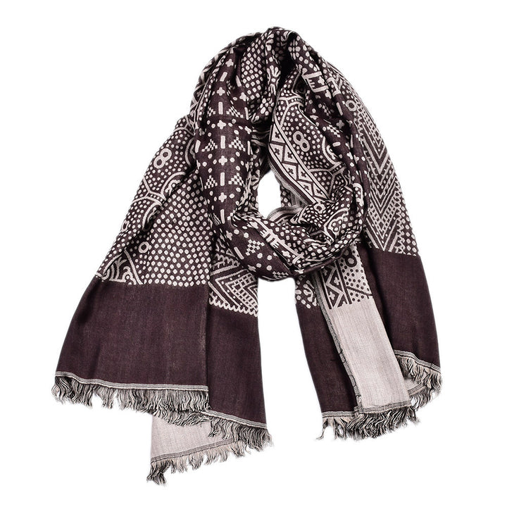 Navy jacquard woven scarf with fringe