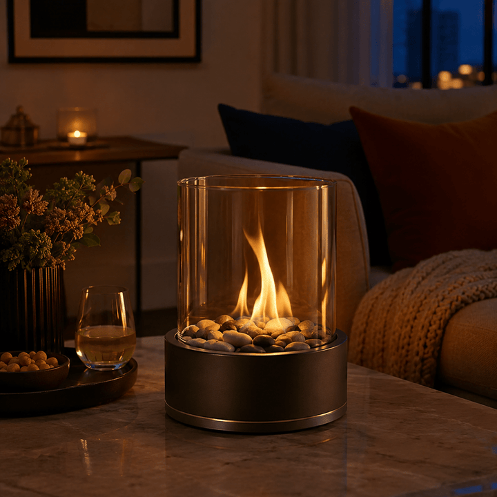 Tabletop Bioethanol Fireplace with Real Flames and Glass Panels
