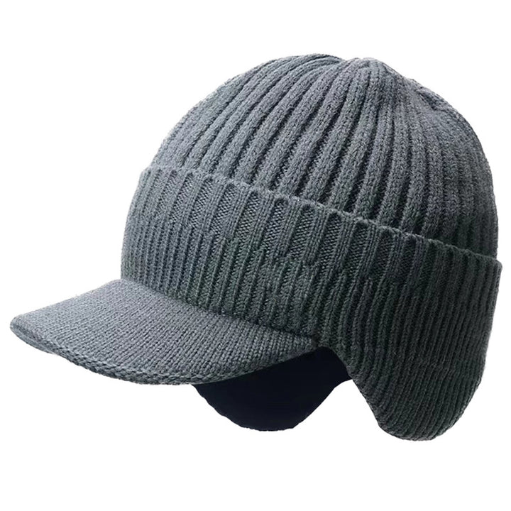 Black mens peaked beanie with ear flaps