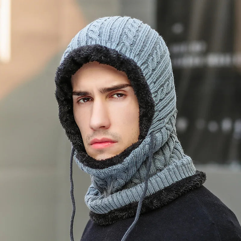 Knitted Balaclava Hat with Built-In Scarf and Fleece Lining