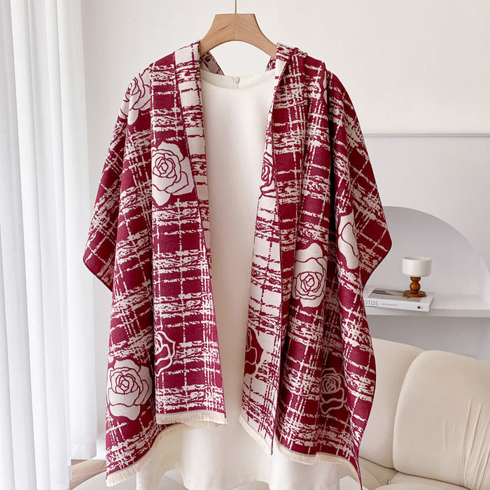 Harwelton Double Sided Plaid Wrap Shawl with Rose Motif