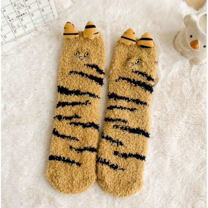 Fluffy cat socks with 3D ears and tail
