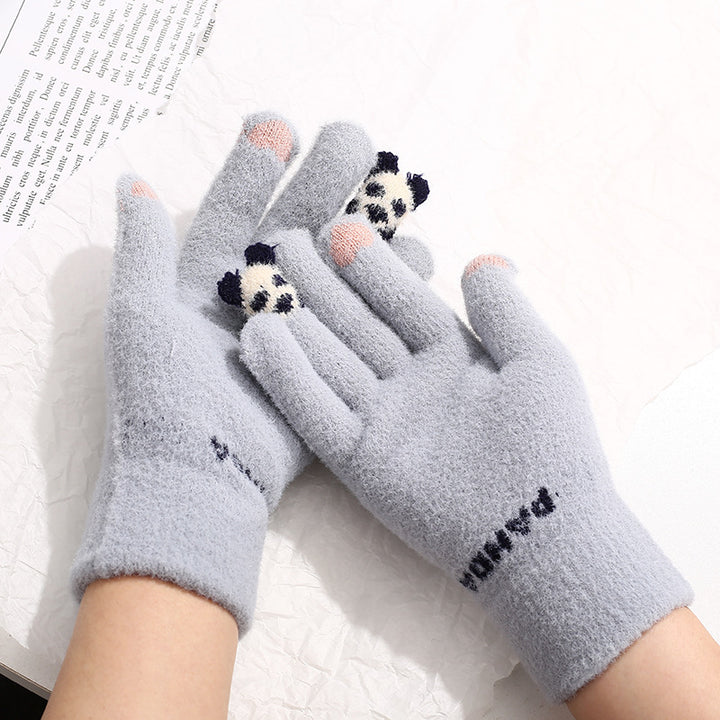 Grey knitted gloves with 3D panda