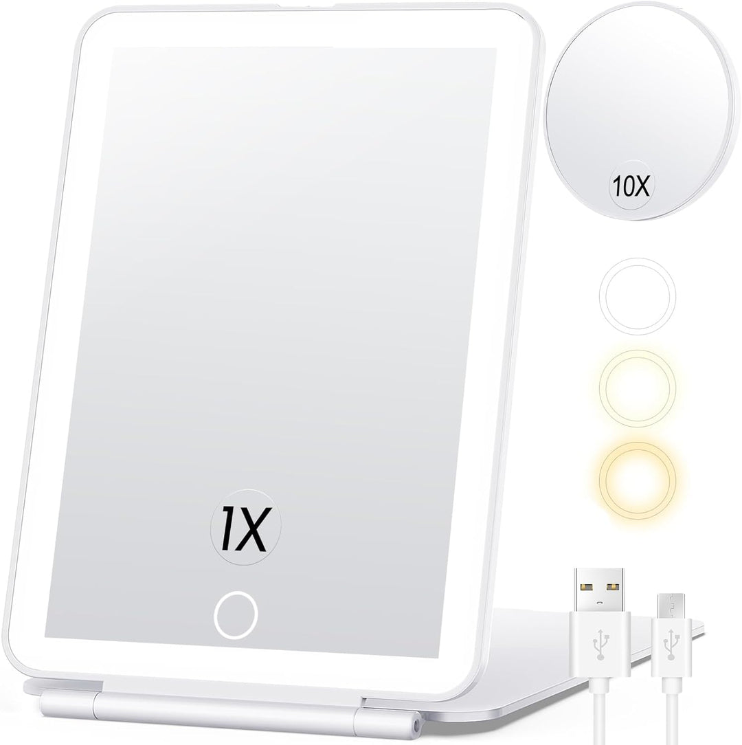 Rechargeable Travel Makeup Mirror with Light and 10x Magnification