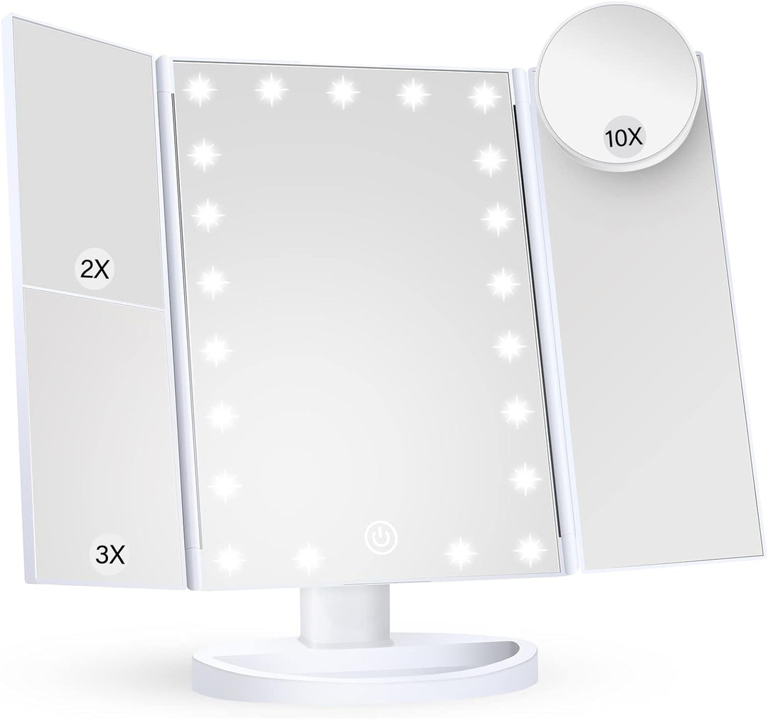 Tri-Fold LED Makeup Mirror with 10x Magnification and Tray