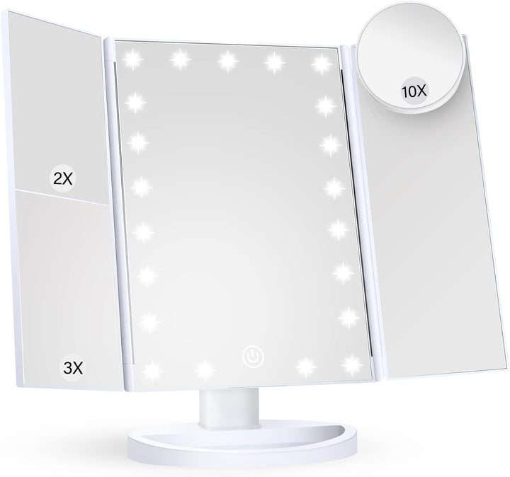 Tri-Fold LED Makeup Mirror with 10x Magnification and Tray