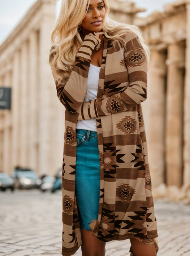 Harwelton Long Open Front Cardigan with Colour Block Pattern