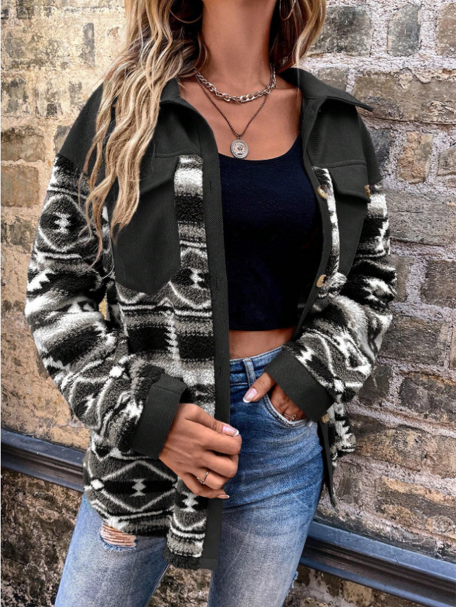 Woman in pink shacket with print sleeves