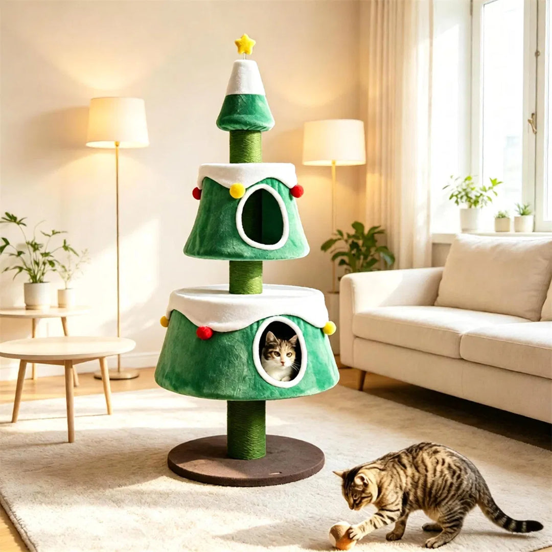 Christmas tree shaped cat tree with condos