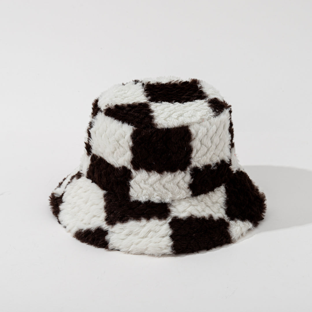 Black checkerboard fluffy bucket hat