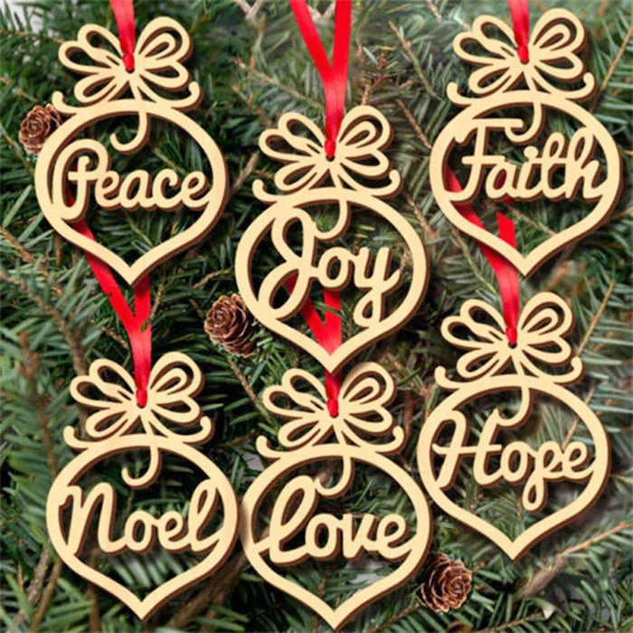 Harwelton™ Wooden Word Christmas Tree Ornaments – Set of 6 With Ribbons