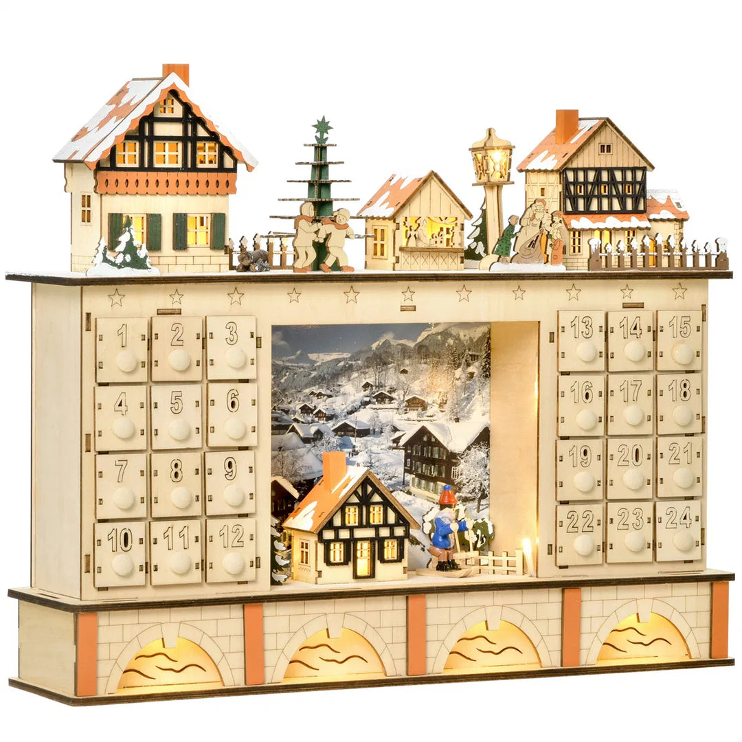 Wooden Christmas village advent calendar lit up