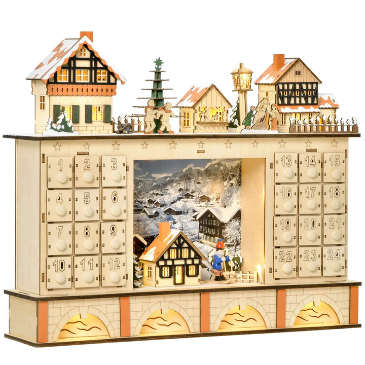 Wooden Christmas village advent calendar lit up