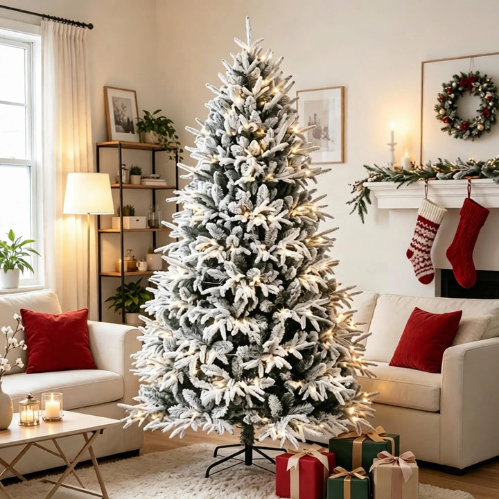 Full snow-flocked tree with warm LEDs