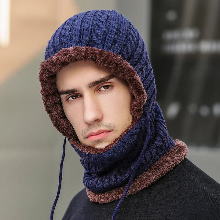 Knitted Balaclava Hat with Built-In Scarf and Fleece Lining