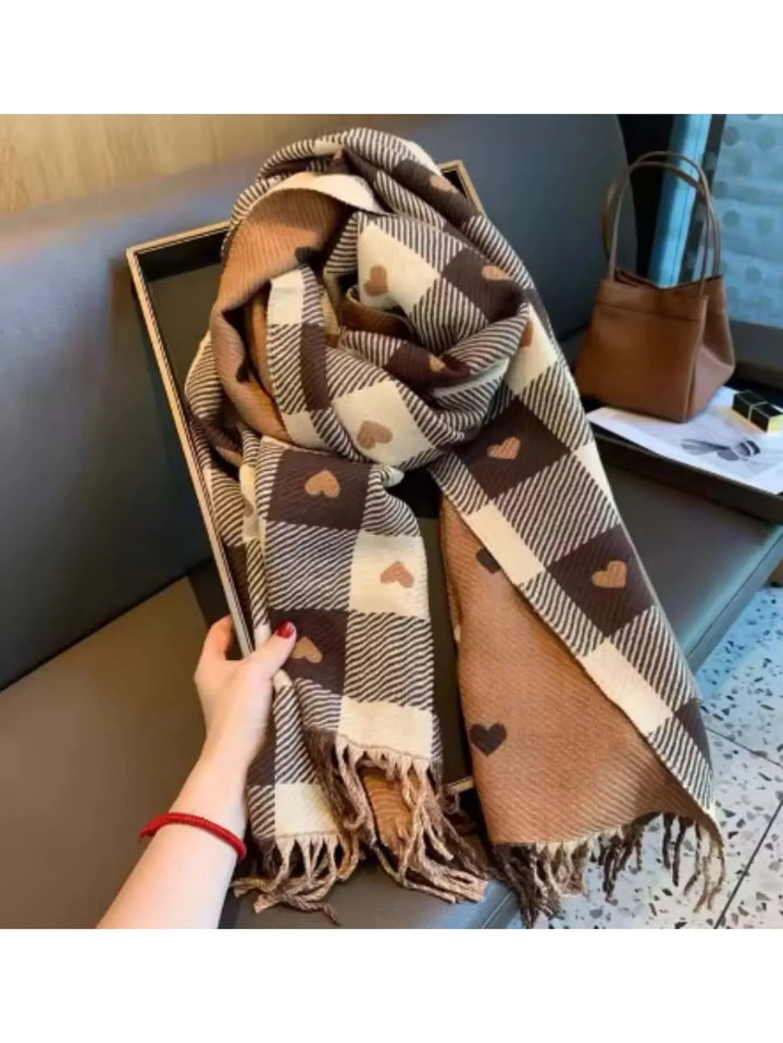 Checked Heart Pattern Winter Scarf – Soft Shawl Wrap