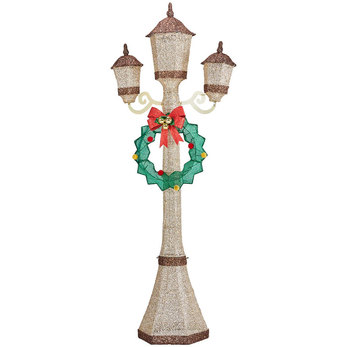 Harwelton 6ft Gold Three-Head Lamp Post with Wreath and Lights