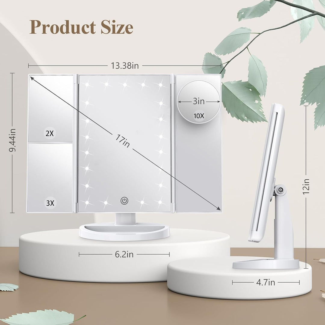 Tri-Fold LED Makeup Mirror with 10x Magnification and Tray