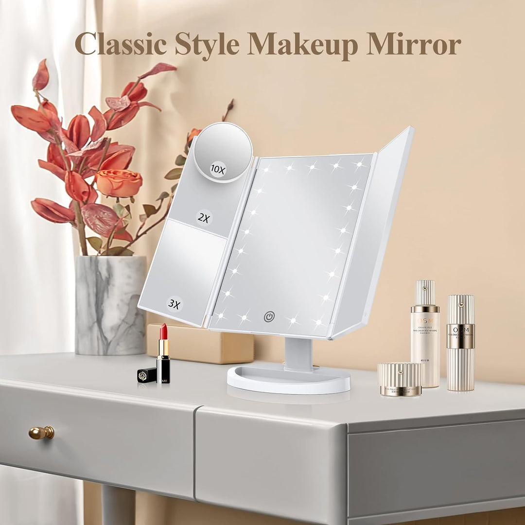 Tri-Fold LED Makeup Mirror with 10x Magnification and Tray
