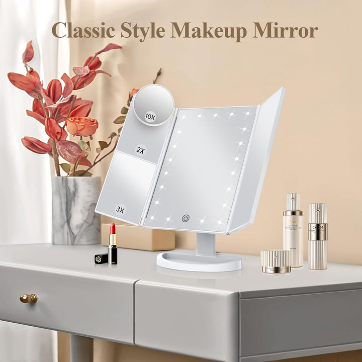 Tri-Fold LED Makeup Mirror with 10x Magnification and Tray