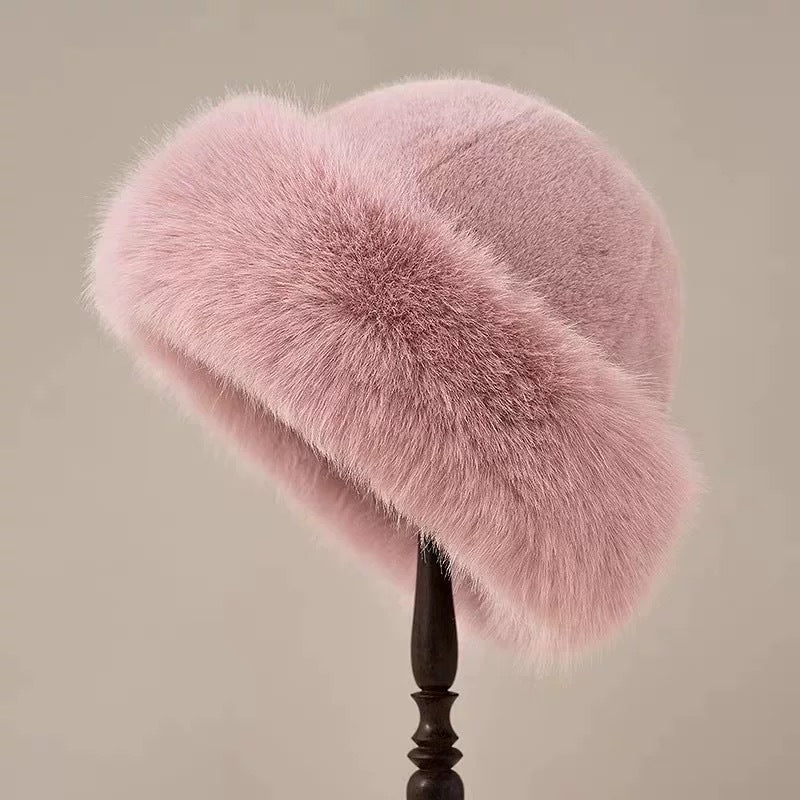 Beige fluffy faux fur hat with rolled brim