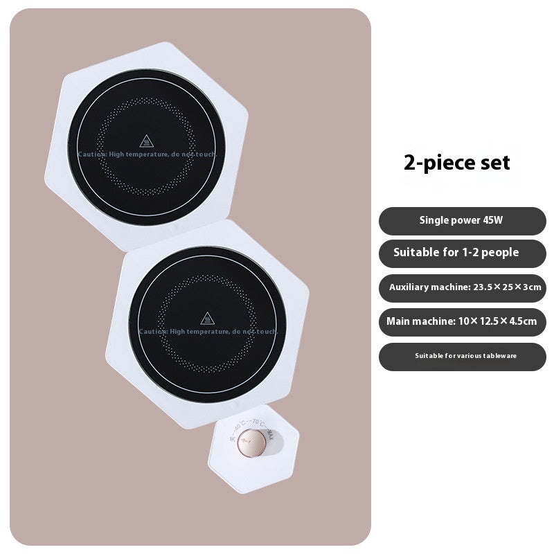 White hexagonal warming plates with dishes on top