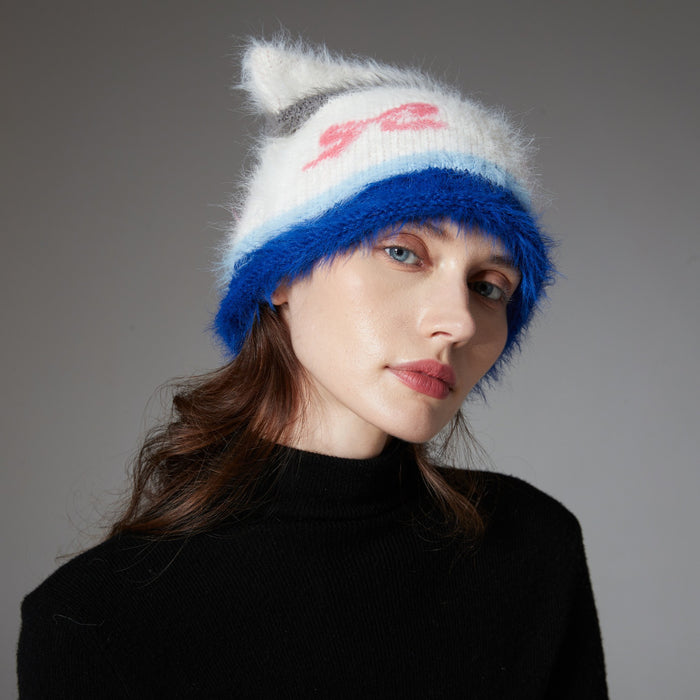 Harwelton Shaggy Cat Ear Beanie with Bow Pattern