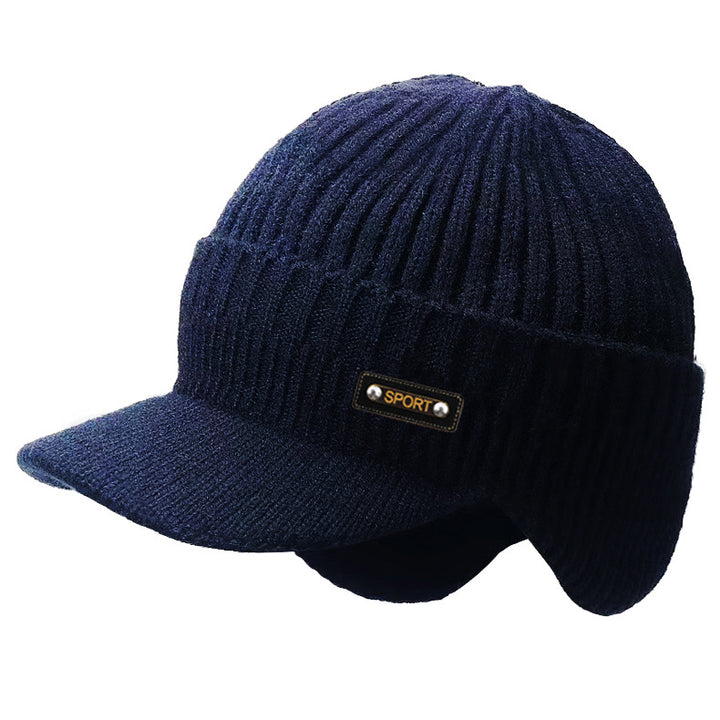 Black mens peaked beanie with ear flaps