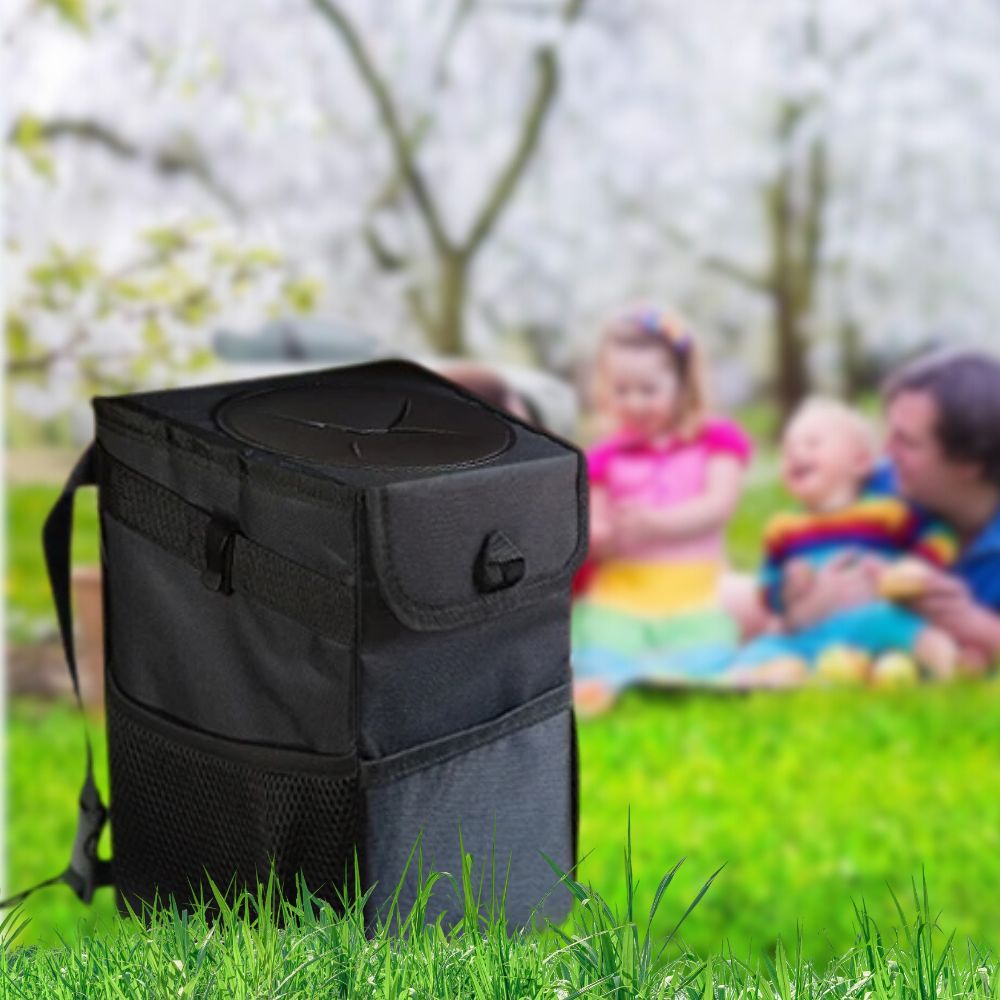 Hanging Waterproof Car Bin with Lid and Extra Storage Pockets