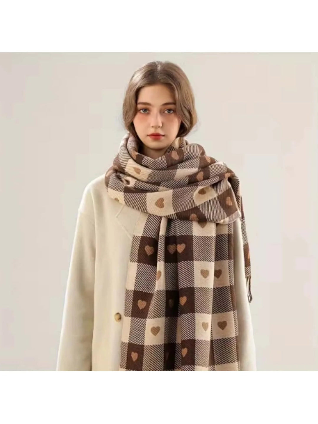 Checked Heart Pattern Winter Scarf – Soft Shawl Wrap