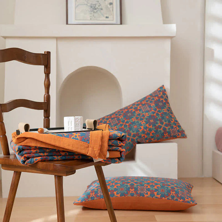 Six-Layer Cotton Blanket with Orange and Blue Pattern